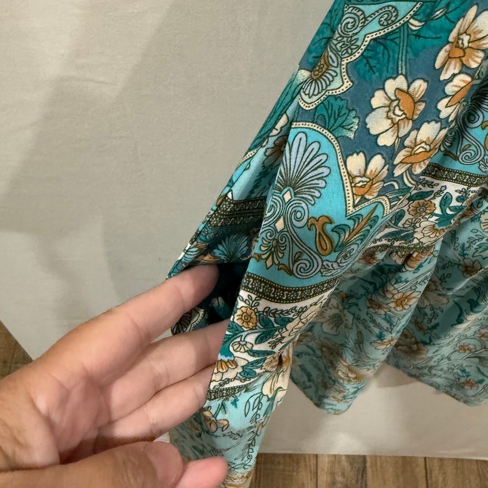 Dee and Rae Turquoise Floral Tiered Boho Mini Dress Small Tassel Flutter Sleeve - Picture 3 of 8